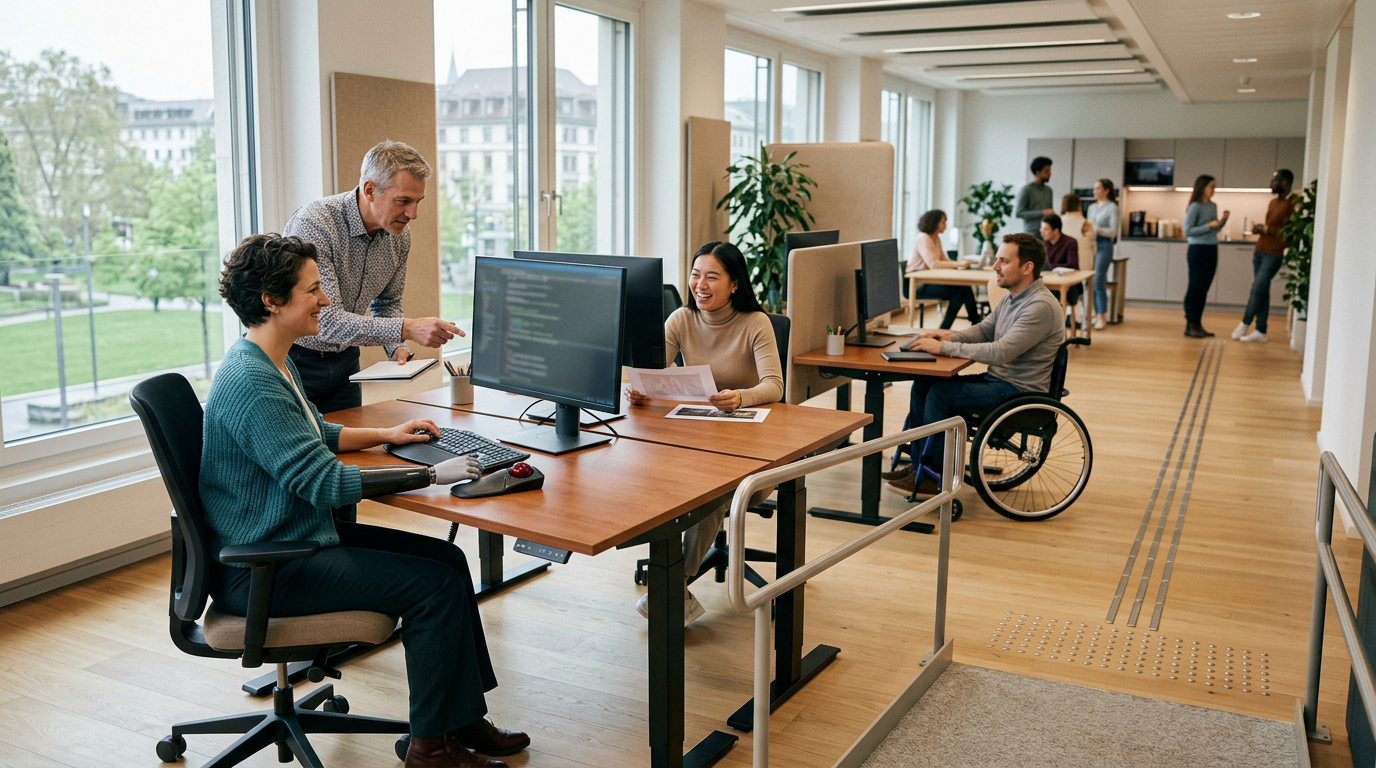 Colleagues collaborating in an accessible office with wheelchair users and tactile floor guidance
