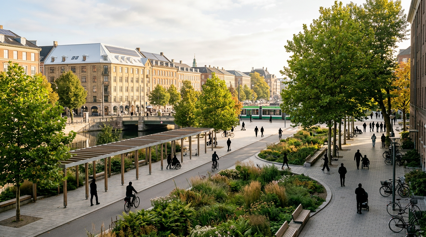 People walking and cycling beside a landscaped waterfront promenade and tram