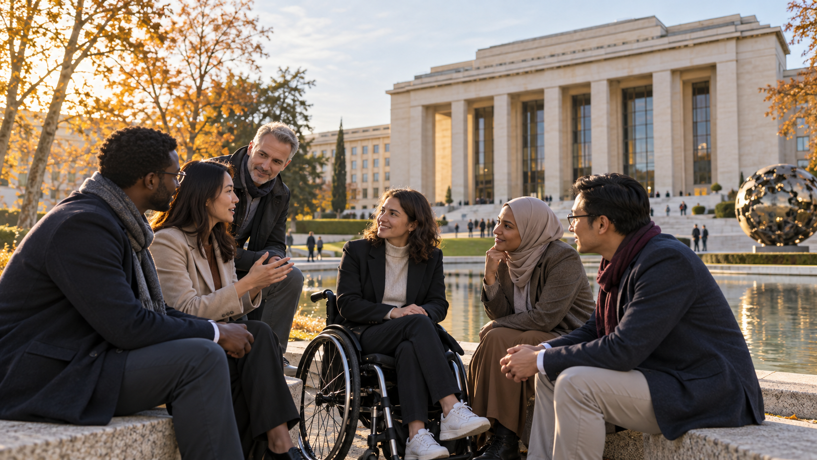 Groupe de personnes discutant devant un bâtiment évoquant la Genève internationale, avec une participante en fauteuil roulant. Illustration générée par IA.