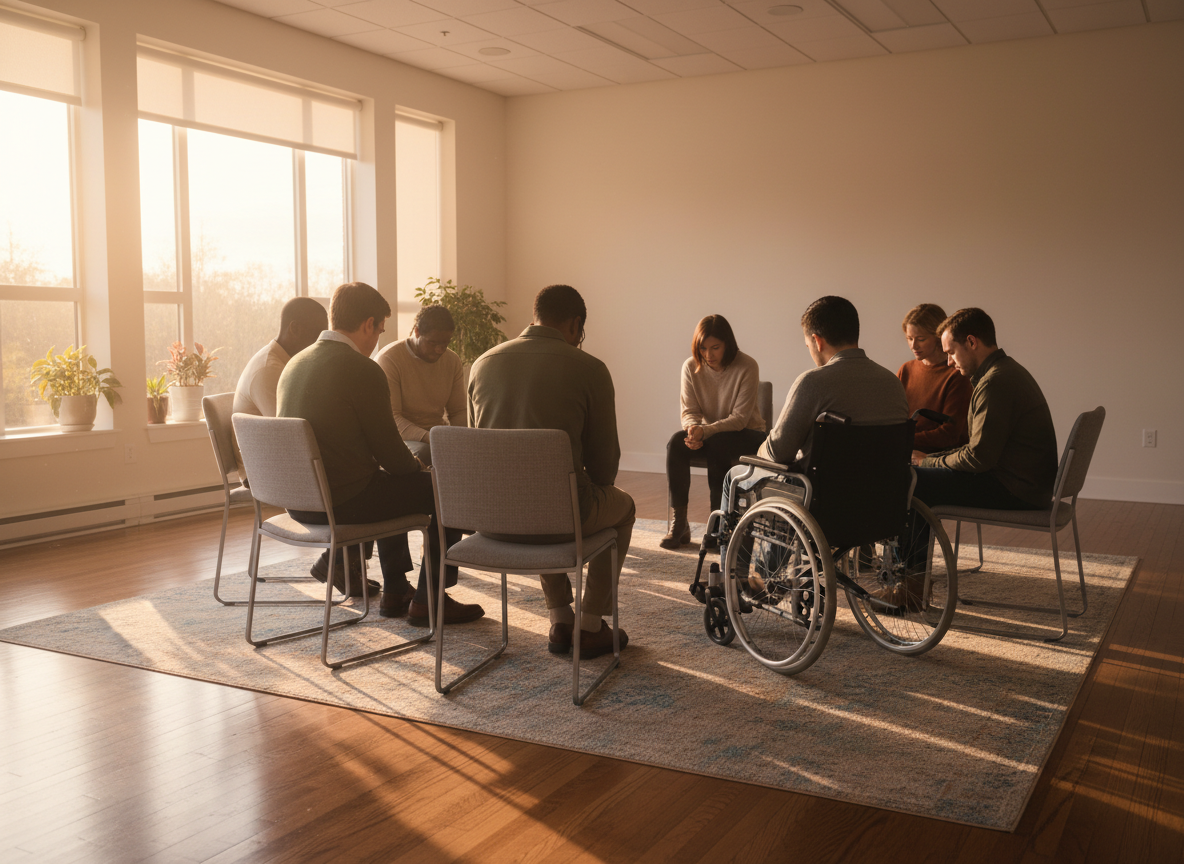 Un petit groupe de personnes assises en cercle, vues de dos, dont une personne en fauteuil roulant, s’écoutant dans une salle lumineuse.