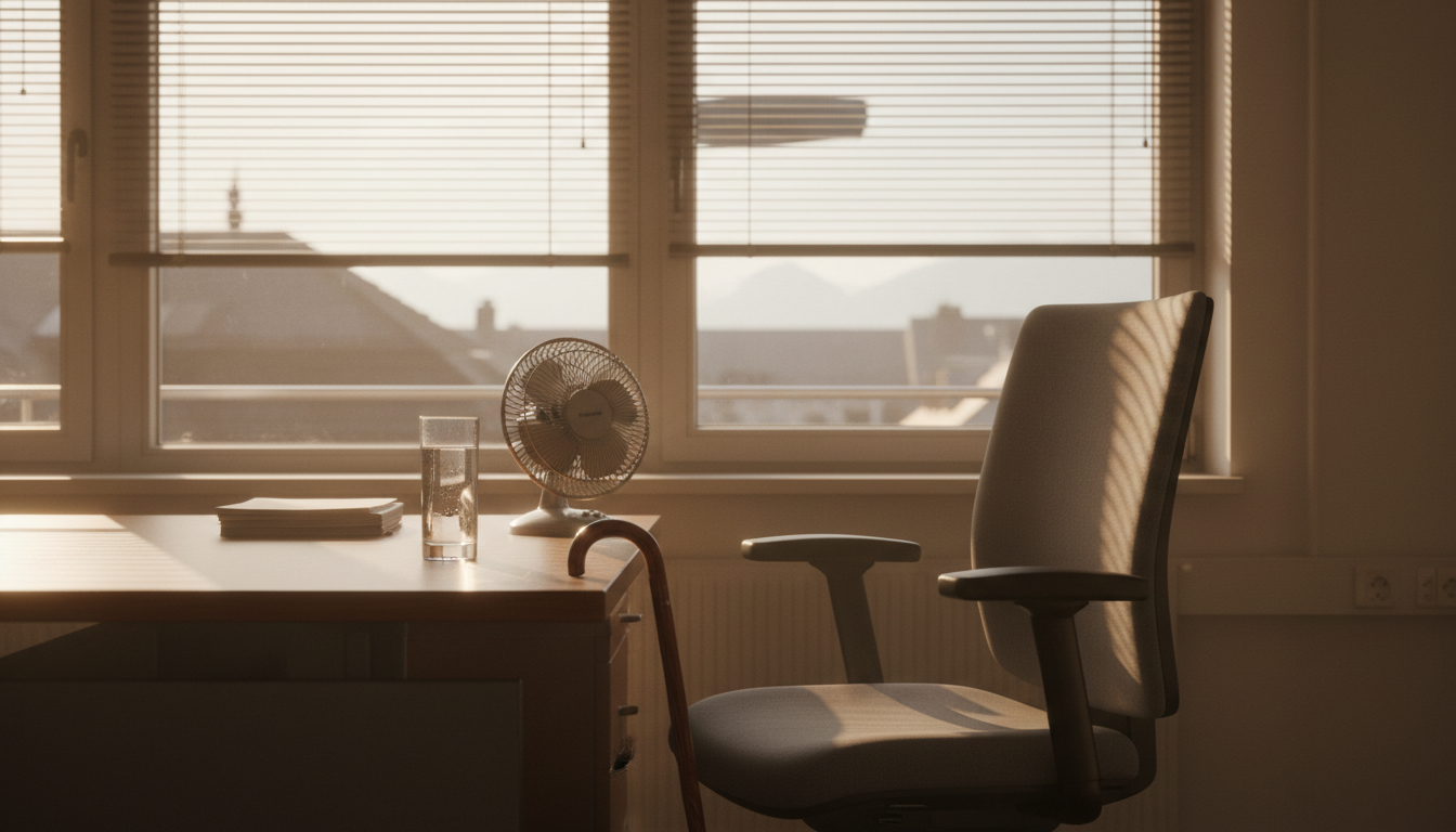 Bureau baigné de soleil en été, stores à demi baissés, verre d’eau, petit ventilateur et canne pliante posée contre le bureau.