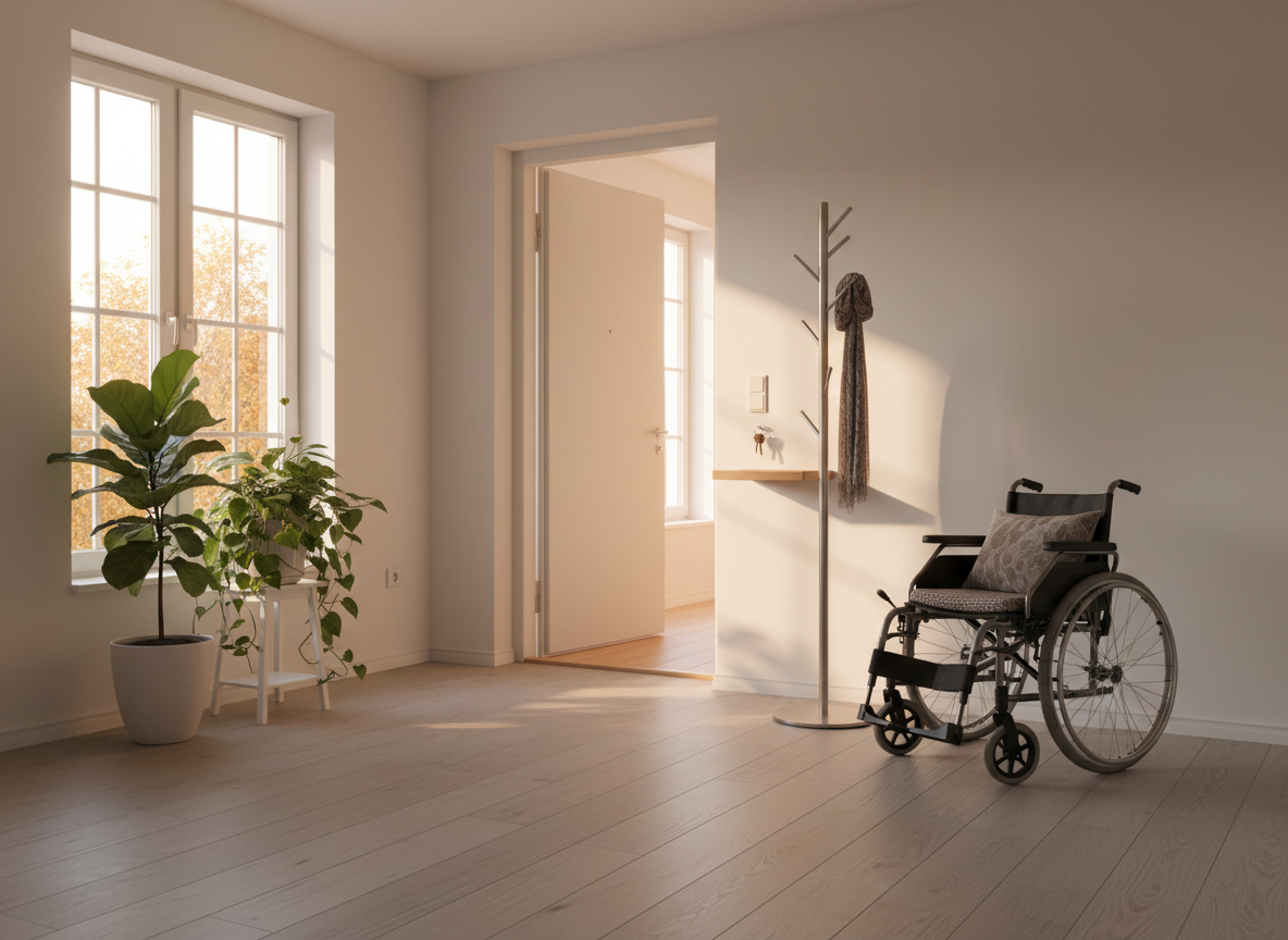 Entrée d’un appartement lumineux, porte ouverte au seuil bas, clés posées sur une étagère et fauteuil roulant près du portemanteau.