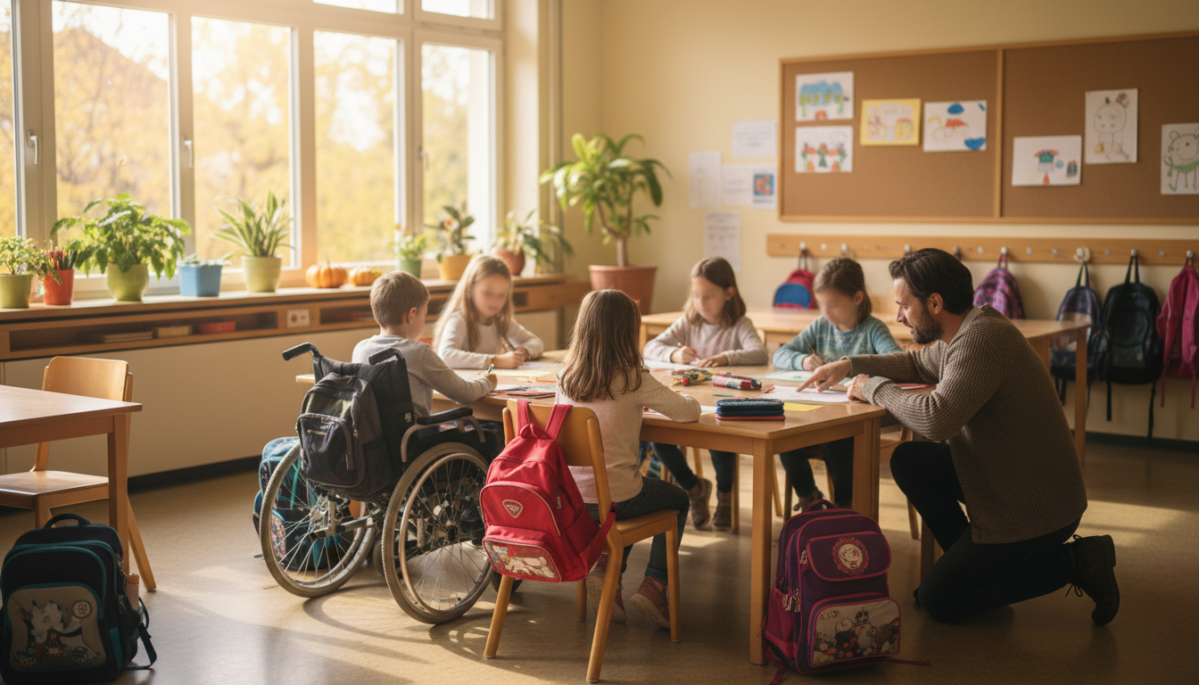 Salle de classe lumineuse où des enfants, dont un enfant en fauteuil roulant, travaillent ensemble à la même table avec deux adultes qui les accompagnent.