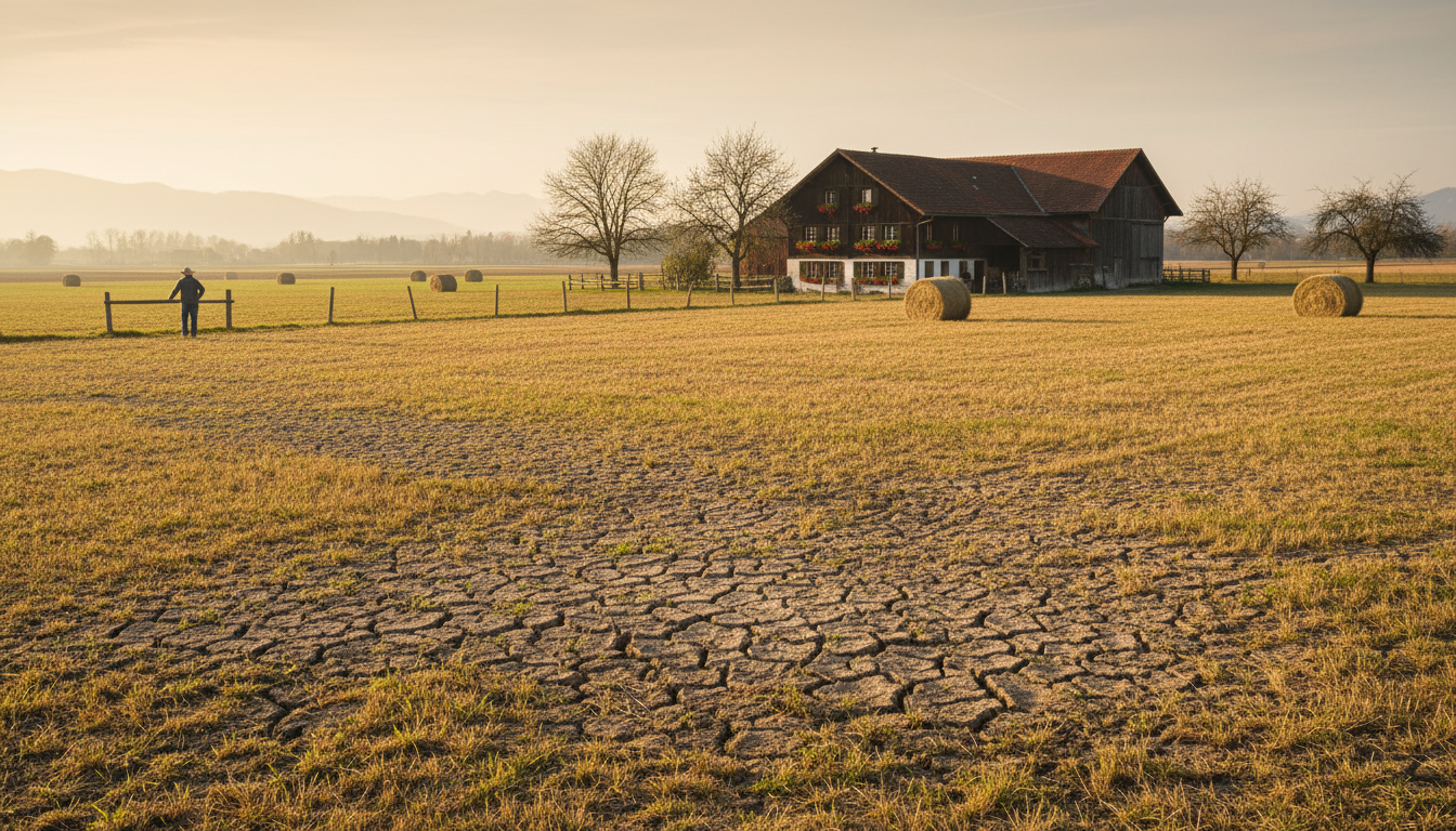 Prairie jaunie et sol craquelé devant une ferme suisse en bois, un agriculteur de dos appuyé contre une barrière.