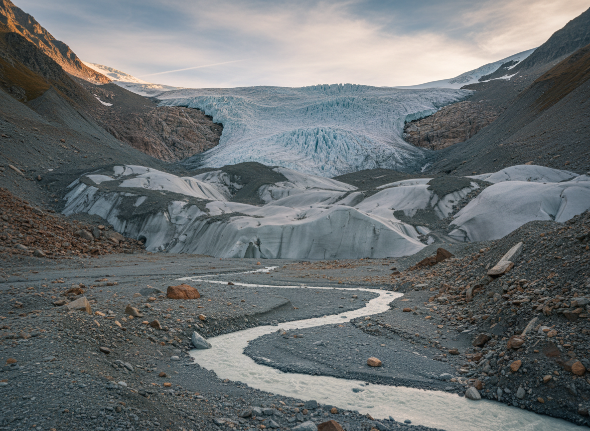 Langue glaciaire grise en retrait dans une vallée alpine, laissant derrière elle de vastes étendues de roche nue et un torrent de fonte laiteux.