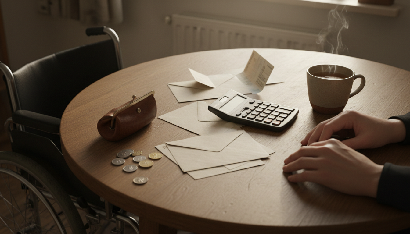 Table de cuisine avec des factures, une calculatrice et quelques pièces de monnaie ; les mains d’une personne reposent près des papiers et la roue d’un fauteuil roulant apparaît au bord de l’image.