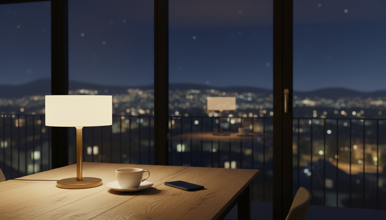 Une lampe allumée sur une table de cuisine la nuit, à côté d’un téléphone et d’une tasse de thé, devant une fenêtre donnant sur les lumières de la ville.
