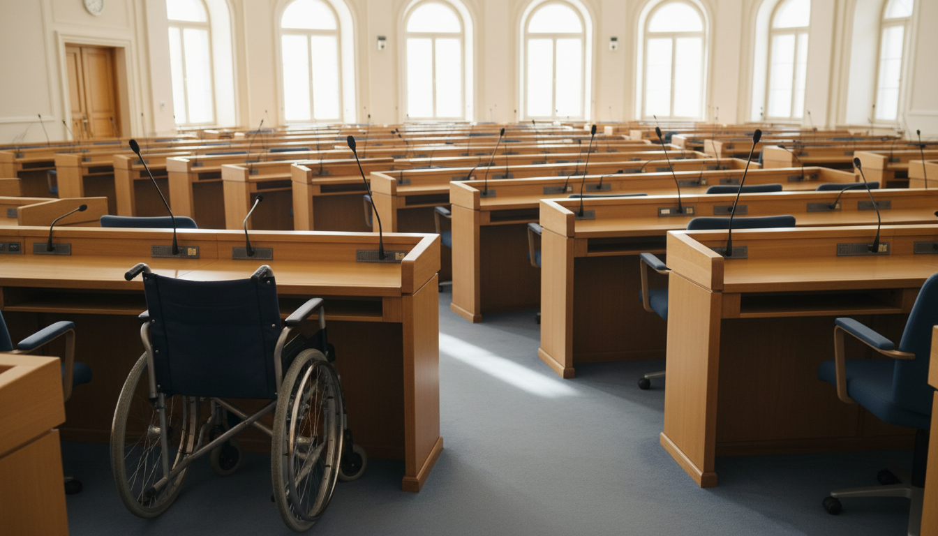 Hémicycle parlementaire vide aux pupitres en bois, avec au premier plan un fauteuil roulant devant un pupitre et un micro abaissé.