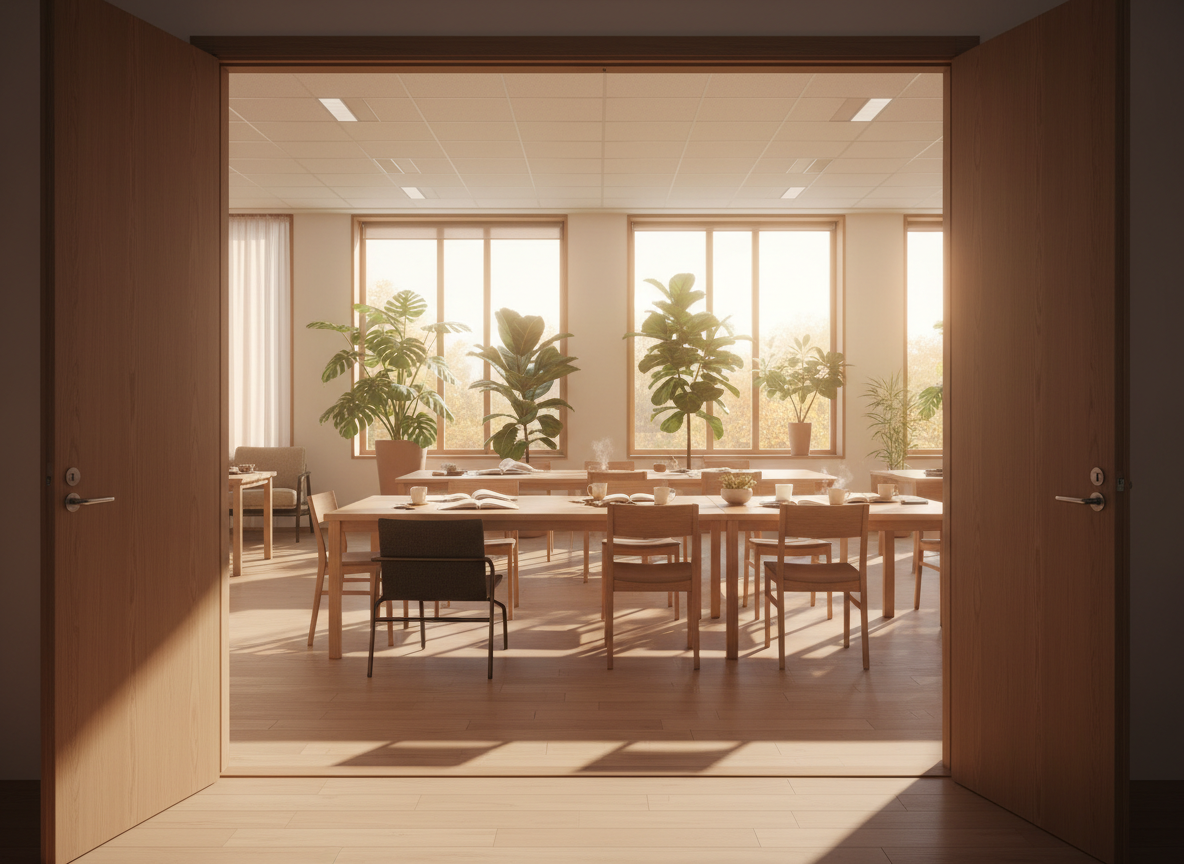 Salle de lecture lumineuse et accessible, avec une porte ouverte sans seuil, des tables en bois, des livres ouverts et des plantes près des fenêtres