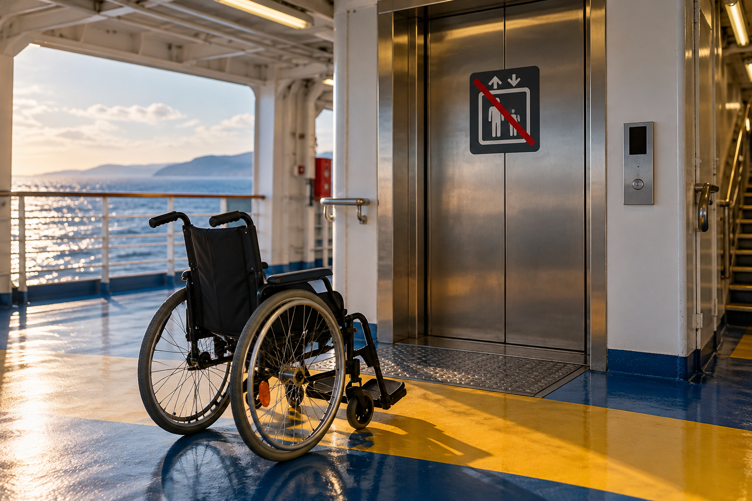 Illustration symbolique d'un fauteuil roulant devant un ascenseur hors service à bord d'un ferry.