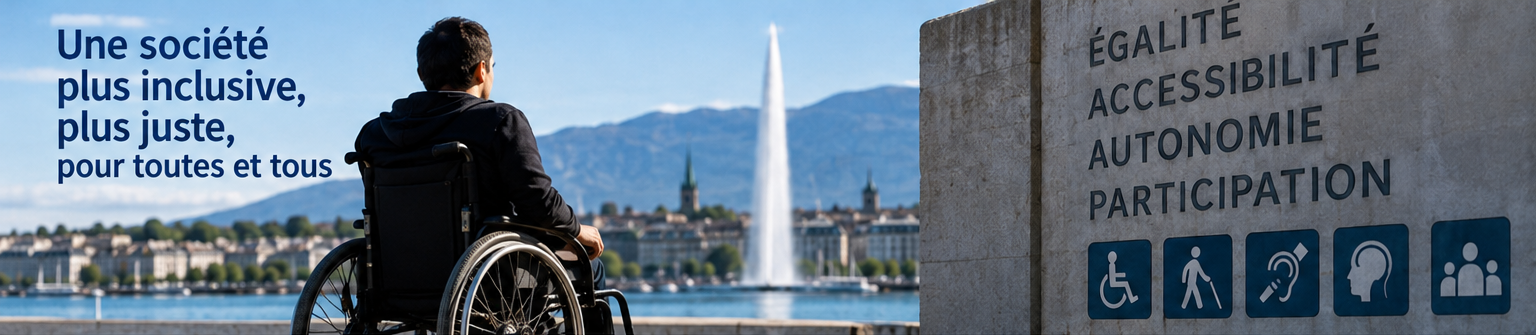 Personne en fauteuil roulant face à la rade de Genève et au Jet d’eau, avec les valeurs d’égalité, d’accessibilité, d’autonomie et de participation.